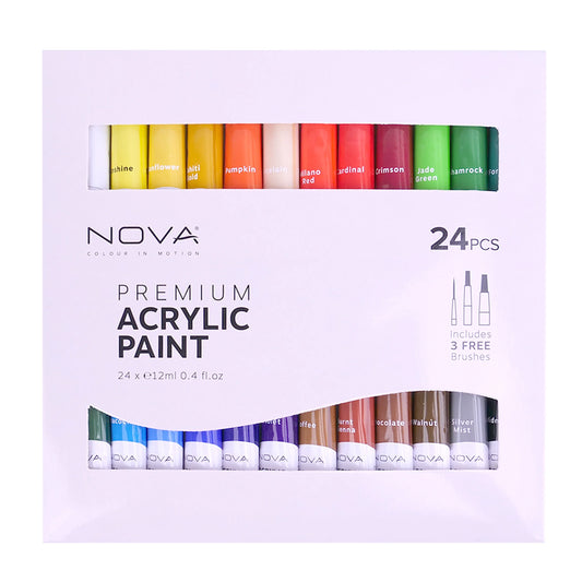 Nova Acrylic Paint Set of 24 + 3 Free Brushes