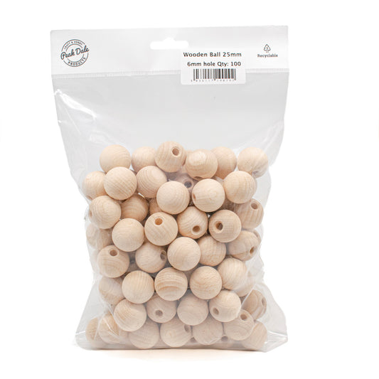 Wood Ball 25mm - 6mm half-drilled hole Pack of 100 - Default Title (WOODB1B-H)