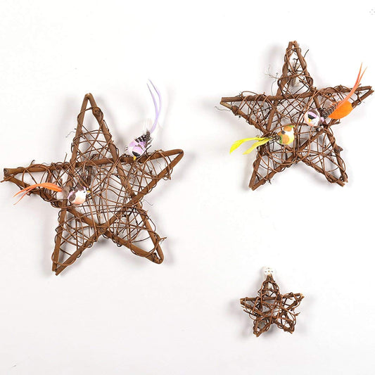 Three star-shaped woven decorations with feathers on a white background