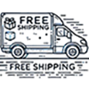 A black and white line drawing showing a van displaying free shipping