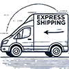 A black and white drawing of a van displaying express shipping