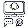 a black and white drawing of a computer and chat bubbles depicting support options