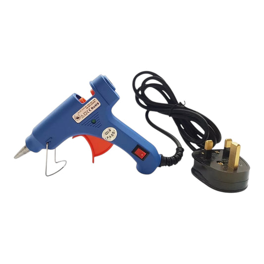 Picture of a glue gun, blue in colour, with a corded plug attached, 240 volt, 20 watt.