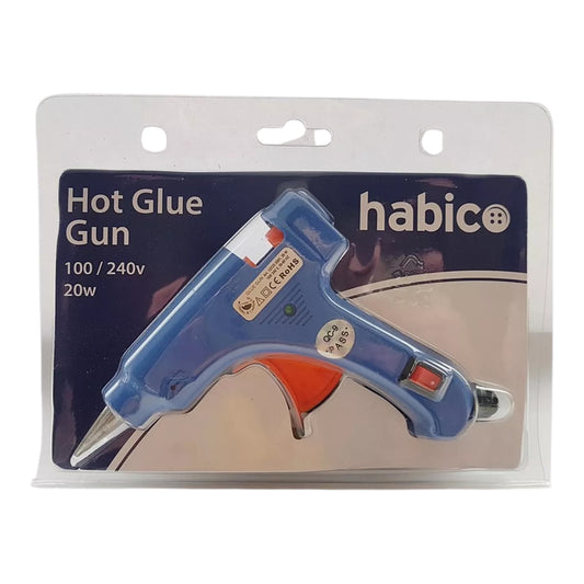 Picture of a glue gun in blister packaging, blue in colour, with a corded plug attached, 240 volt, 20 watt.