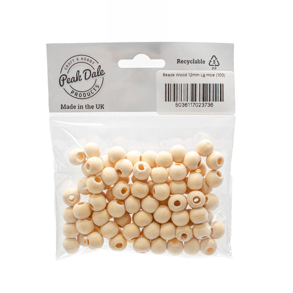 Beads Wood 12mm Large Hole Pack of 100 - Default (NO3NATLH)