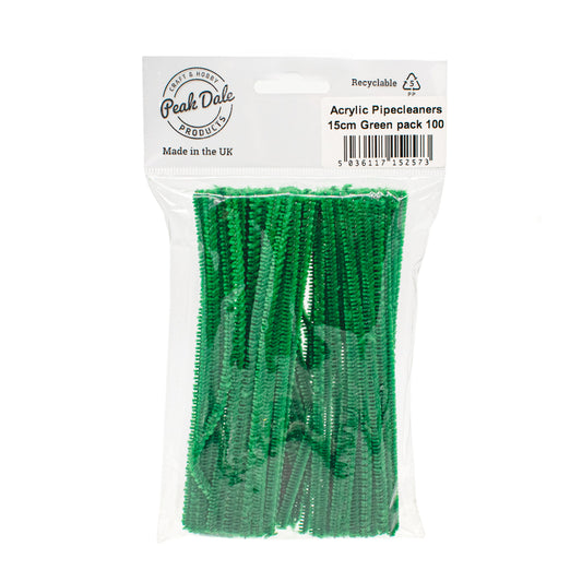 Acrylic Pipecleaners 15cm Green pack 100