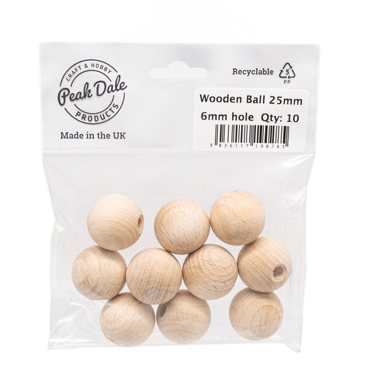 Wood Ball 25mm - 6mm half-drilled hole Pack of 10 - Default Title (WOODB1B-10)